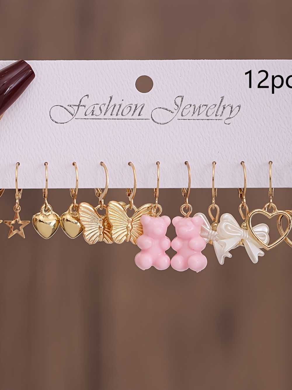 Fashion Jewelry Pink Gummy Bear & Gold Charm Hoop Earrings Set